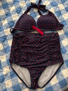 Retro Pinup Navy & Red Polka Dot High Waisted Bikini